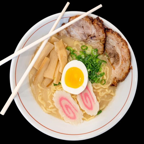 Ramen bowl with pork, egg, fish cake, bamboo shoots, green onions, and chopsticks.
