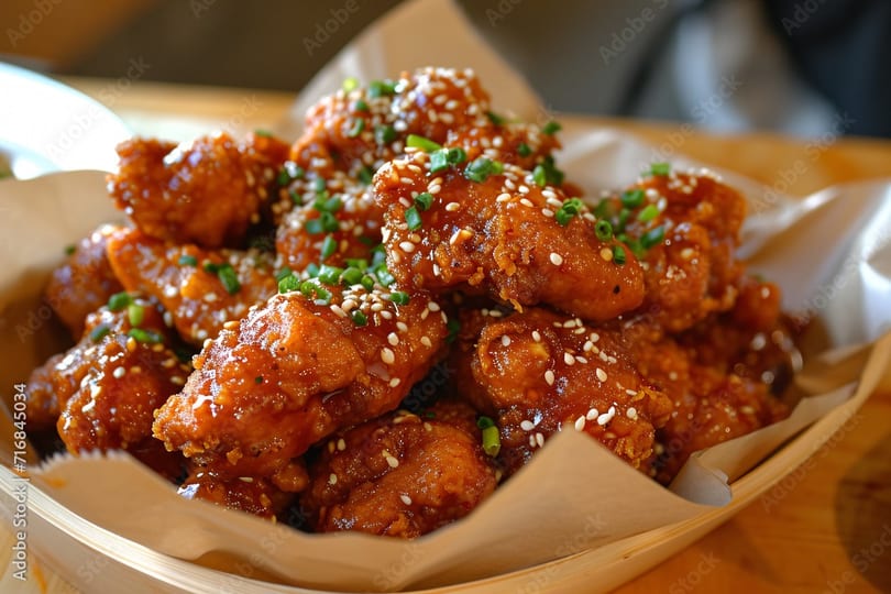 Close-up of crispy Korean fried chicken wings with sesame seeds and green onions in a basket.