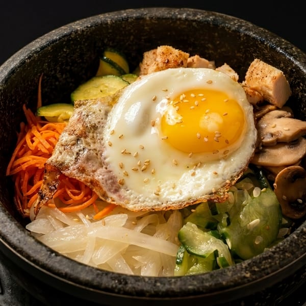 Bibimbap in a stone bowl with a fried egg, carrots, mushrooms, zucchini, and onions.