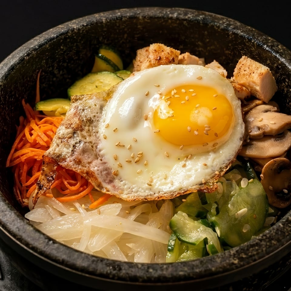 Bibimbap in a stone bowl with a fried egg, carrots, mushrooms, zucchini, and onions.