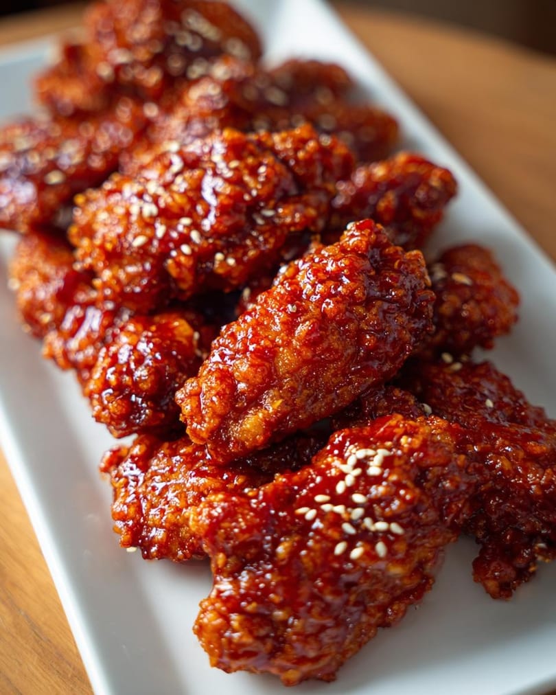 Close-up of crispy, glazed Korean fried chicken wings with sesame seeds on a white platter.