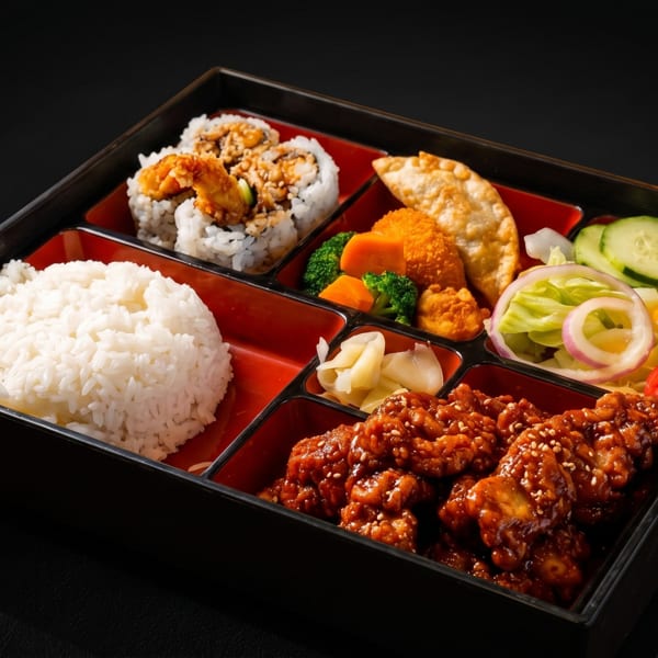 A bento box filled with white rice, sushi, dumplings, fried chicken, and a fresh salad.