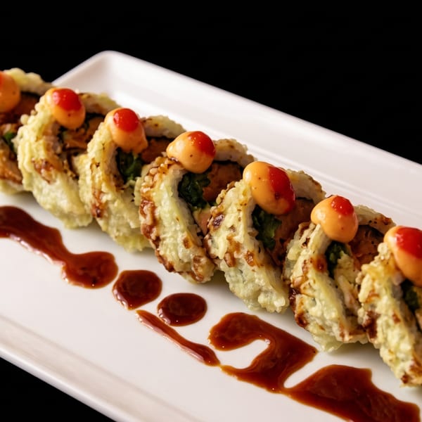 Crispy fried sushi rolls with spicy mayo and red dots, arranged on a white rectangular plate.