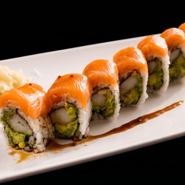 A plate of salmon avocado sushi rolls with wasabi, ginger, and soy sauce drizzle.