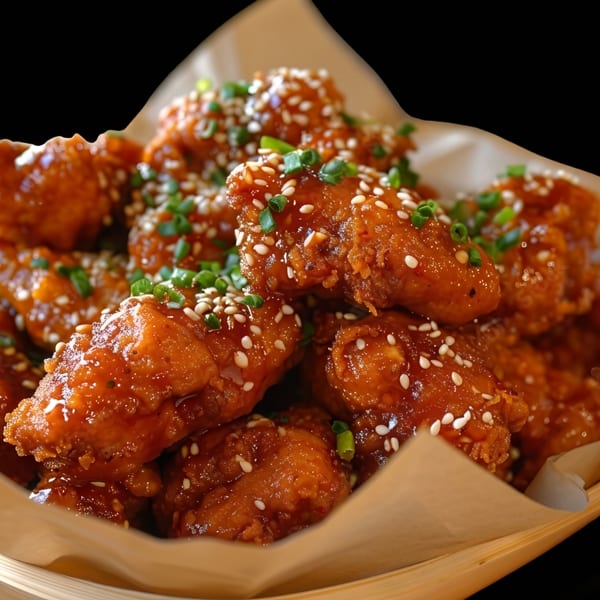 Sweet and spicy Korean fried chicken wings, garnished with sesame seeds and chopped green onions.