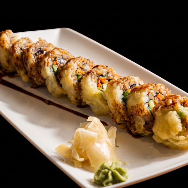 A long white plate holds a row of crispy fried sushi rolls drizzled with sauce, with ginger and wasabi.
