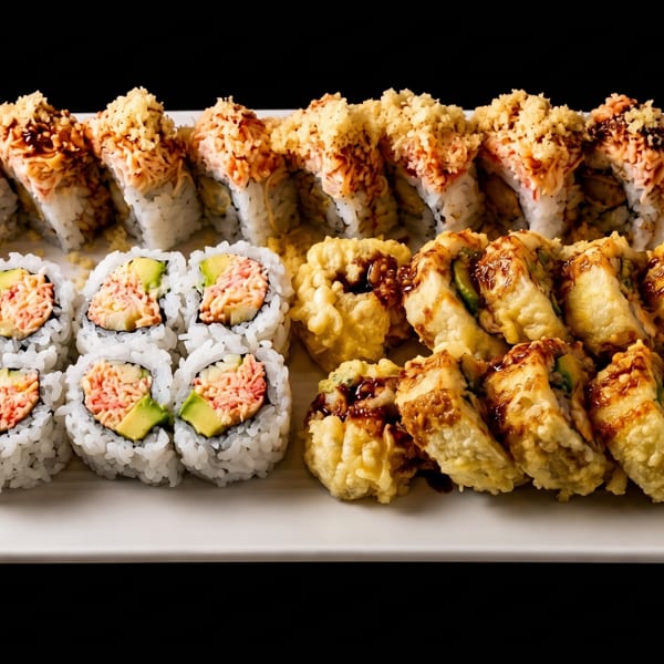 A white rectangular plate holds three rows of sushi rolls, including California, spicy tuna, and tempura rolls.