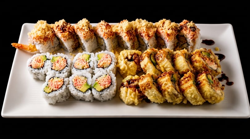 A white rectangular plate holds three rows of sushi rolls, including California, spicy tuna, and tempura rolls.