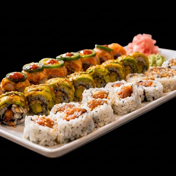 A long white platter filled with various colorful sushi rolls, including avocado, spicy tuna, and jalapeño.