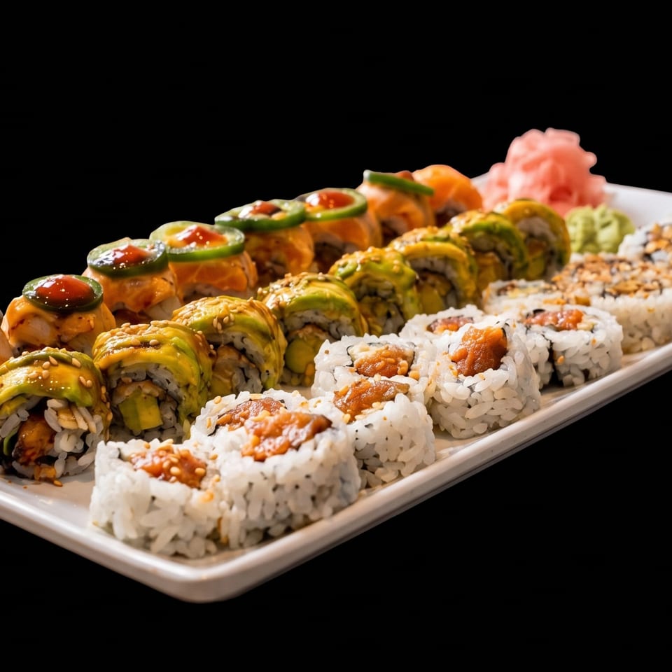 A long white platter filled with various colorful sushi rolls, including avocado, spicy tuna, and jalapeño.